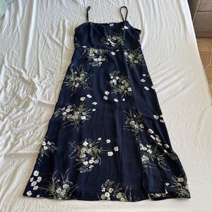 Francesca’s Floral Navy Blue Midi Dress with Side Split